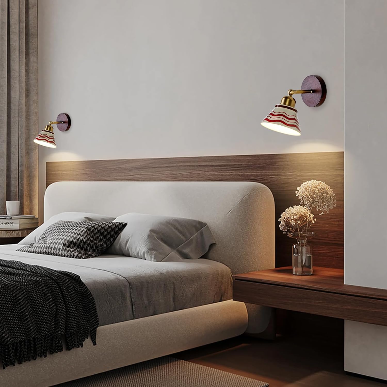 Vintage Ceramic Wall Sconce Lighting, Modern Bathroom Vanity Light Fixtures with Wood Base, Brushed Gold Wall Mount Lamp, Hardwired Farmhouse Wall Lights for Bedroom Bedside Hallway