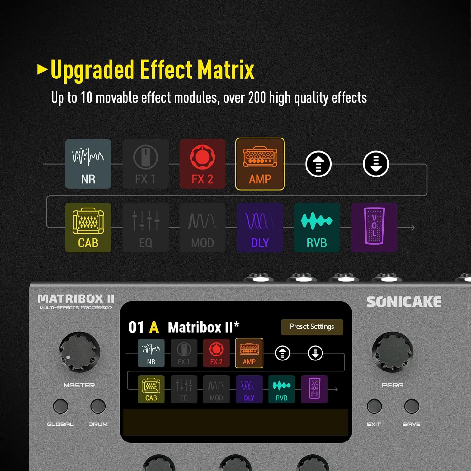 SONICAKE Matribox II - Multi Effects Processor with Expression Pedal, 200+ Built-in Guitar/Bass/Acoustic Effects, Amp Modeling, IR Cabinets Simulation, FX Loop, MIDI Stereo OTG USB Audio Interface