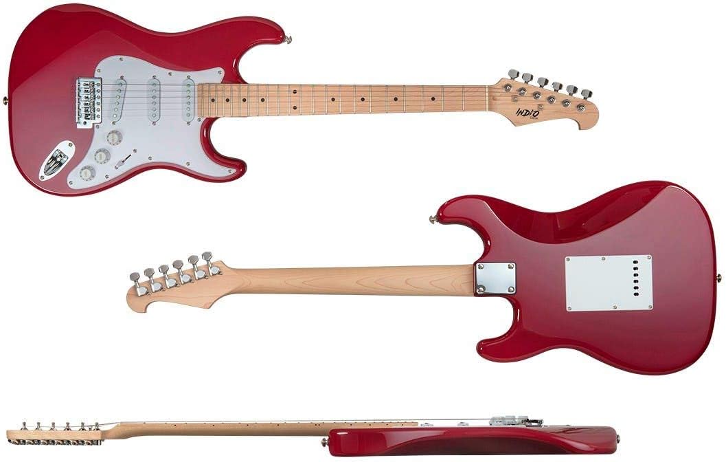 Monoprice Cali Classic Electric Guitar - Wine Red, 6 Strings, Double-Cutaway Solid Body, Right Handed, SSS Pickups, Full-Range Tone, With Gig Bag, Perfect for Beginners - Indio Series