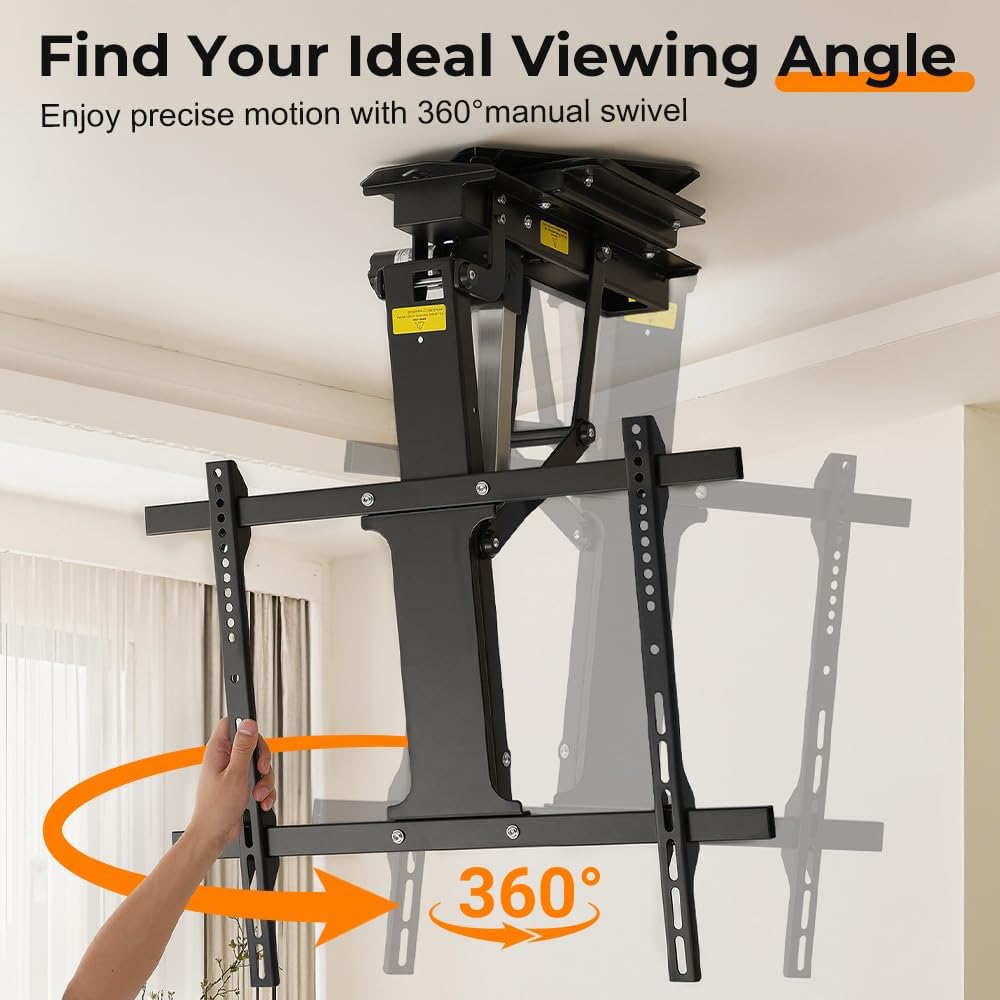 OUTFINE Electric Flip Down and Swiveling Ceiling TV Mount for 32–75 Inch Flat or Curved Screens, Motorized Fold Down Lift with Remote Control, 360°Manual Swivel and 0–80°Electric Tilt