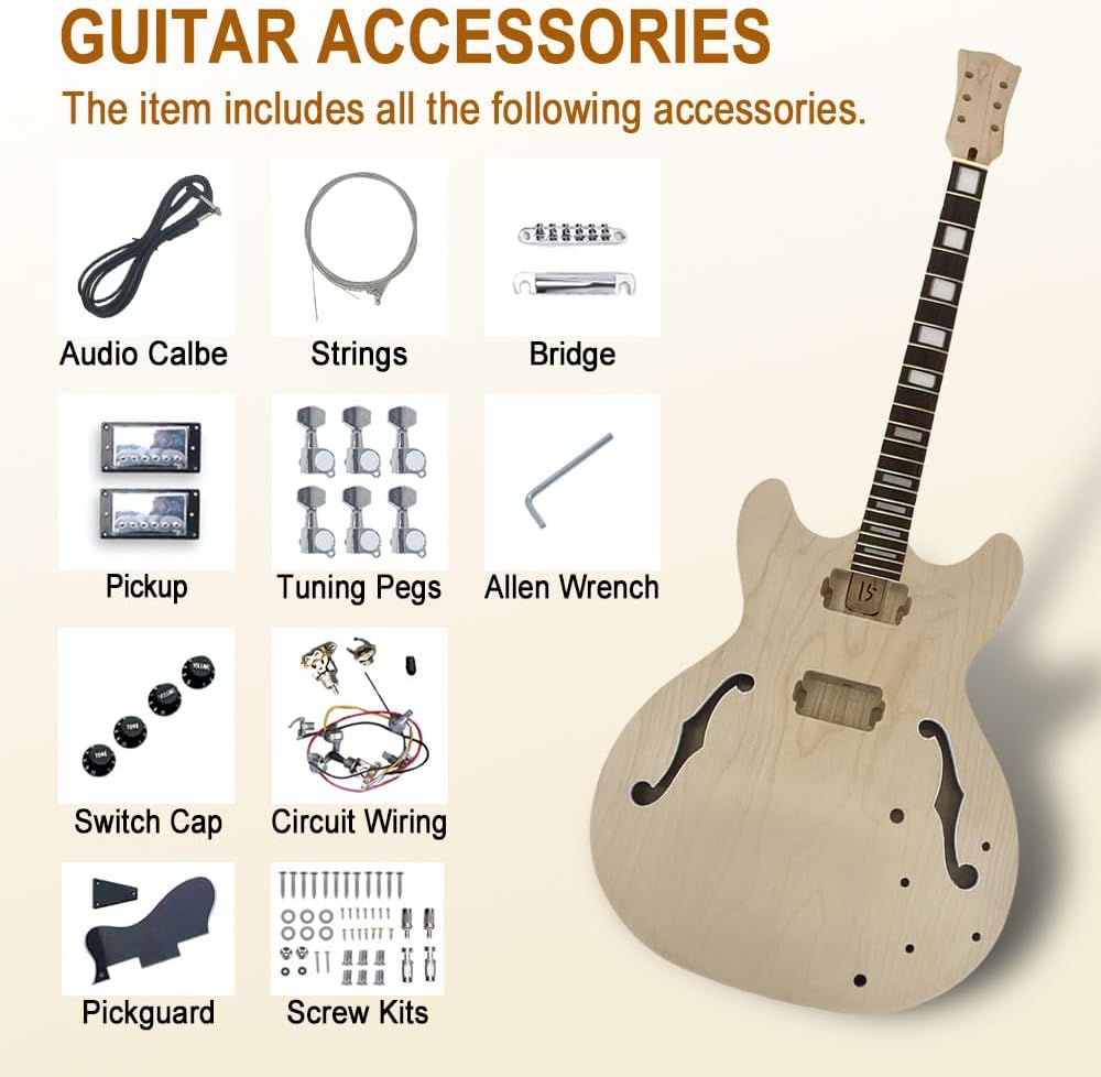 Semi-hollow Electric Guitar Kit, Maple Neck & Body, Rosewood Fretboard, 24.75