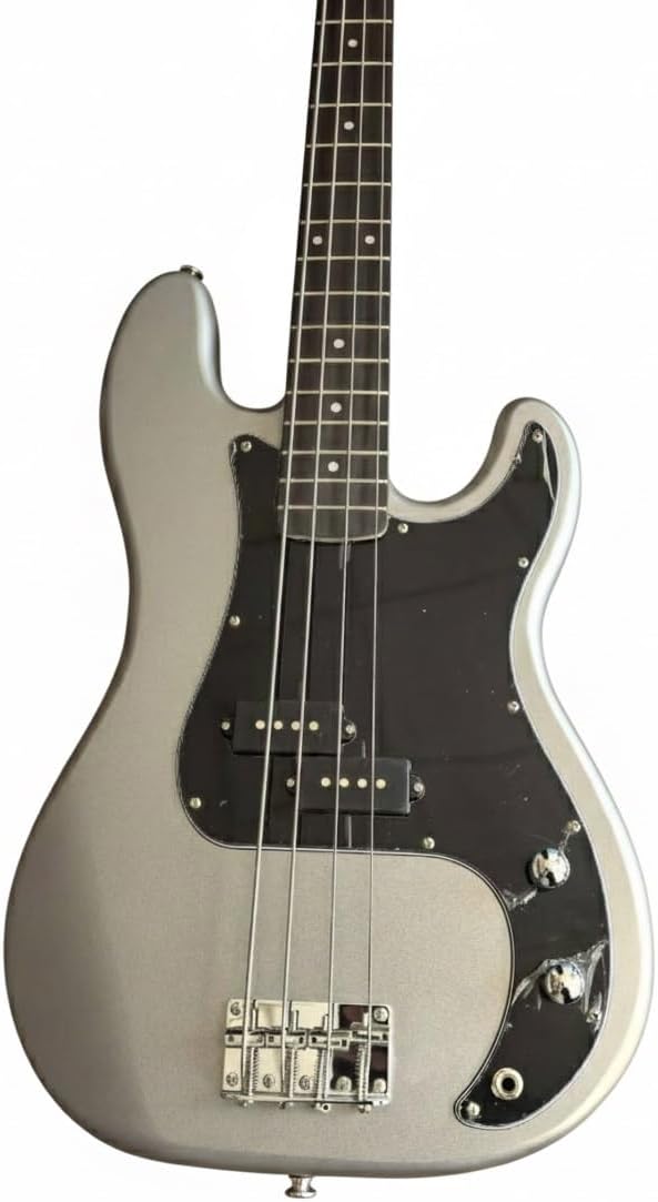 4 String Electric Bass Passive PJ Pickup Configuration Solid Poplar Wood Body Smooth Playability(Metallic Silver)