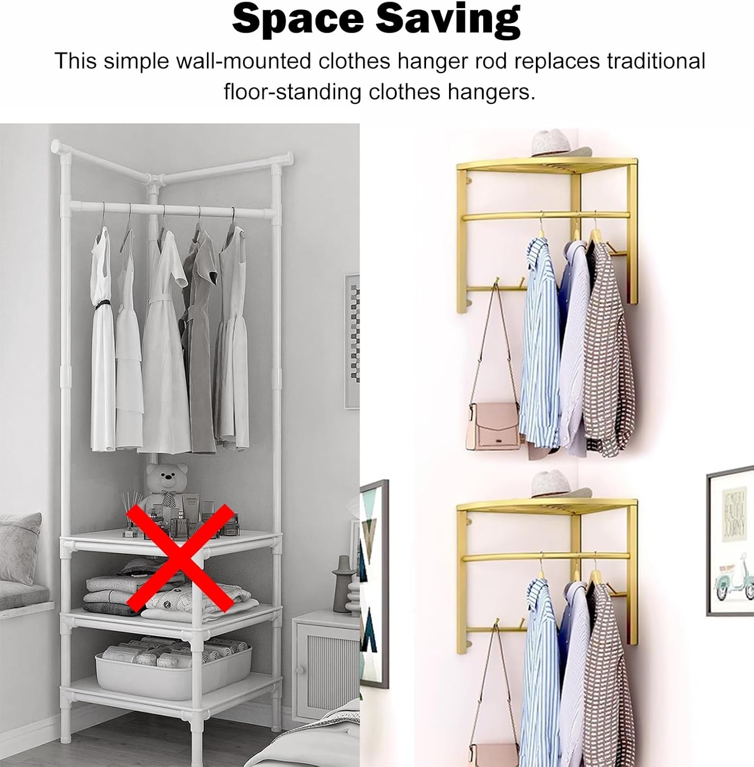 Gold Corner Hanging Clothes Rack with Storage, Laundry Room Wall Shelf Clothes Hanger, Heavy Duty Closet Rod Pole, Corner Coat Rack Hanging Bar