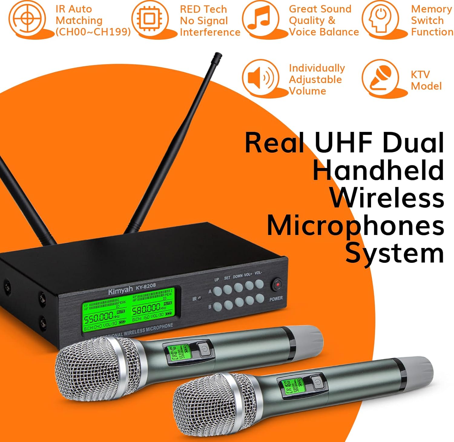 Kimyah Wireless Microphone System, All Metal Dual UHF Cordless Mics of Handheld, 328ft Range, Ideal for Church, Conference and Karaoke, DJ, Wedding(KY-8208)