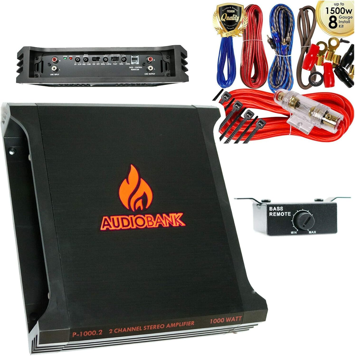 Audiobank P1000.2 1000 Watt 2-Ohm Stable 2 Channel Bridgeable & TRI-Mode Operation Stereo Amplifier + Complete 1500W 8 Gauge Car Amplifier Installation Wiring Kit