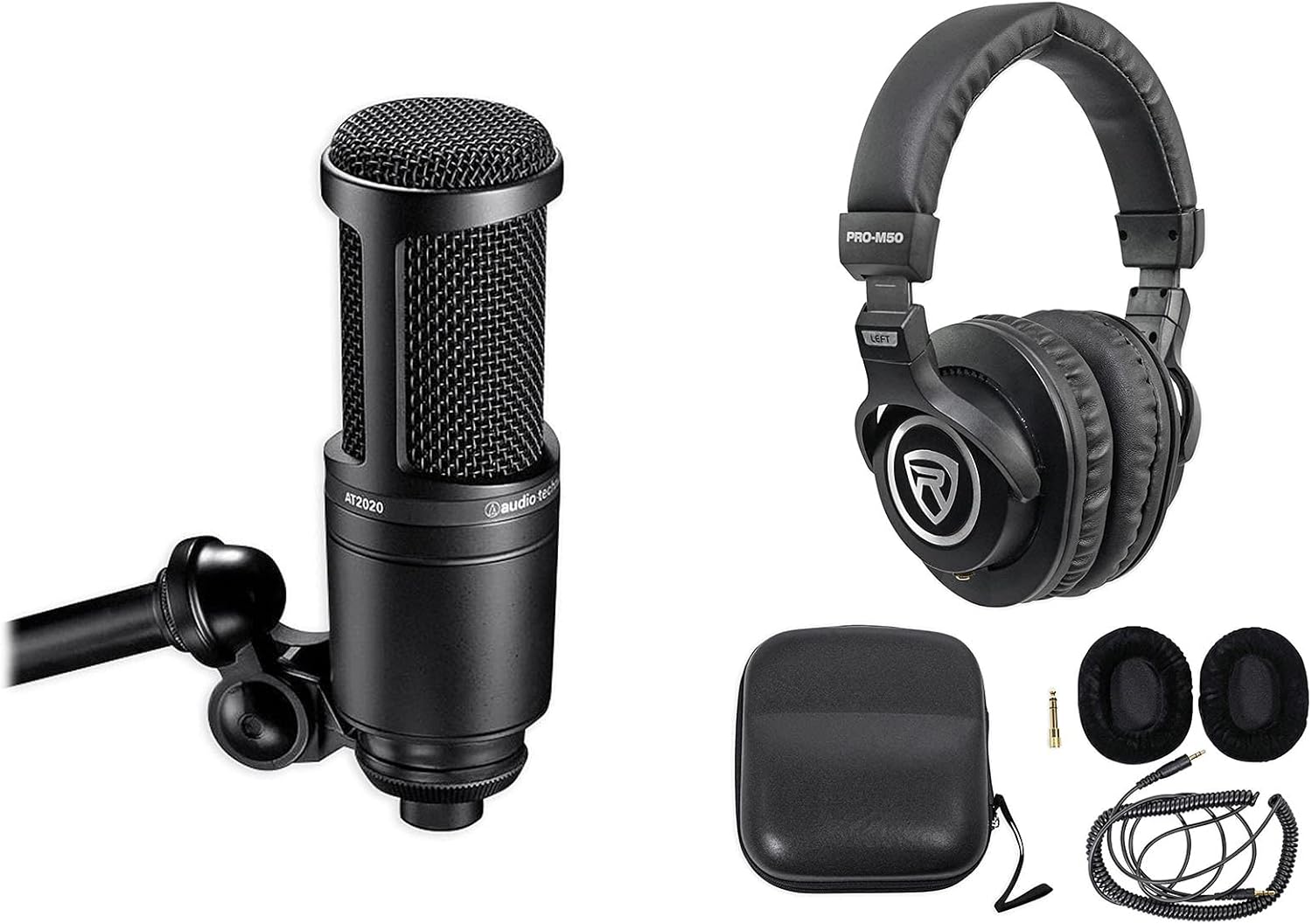 Audio-Technica AT2020 Studio Recording Microphone-Cardioid Condenser Mic Bundle with Rockville PRO-M50 Studio Headphones w/Detachable Coil Cable, Case with Extra Ear Pad
