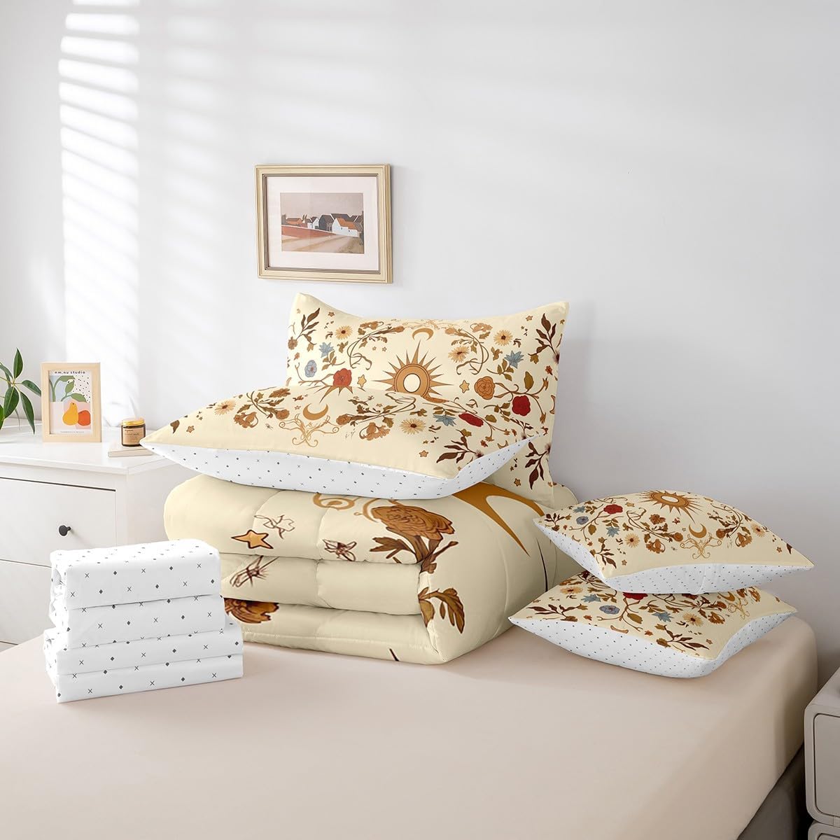 Erosebridal Vintage Floral Queen Bedding Set 7 Piece,Sun Moon and Stars Comforter Set for Kids Adults Room Decor,Boho Flower Bed Set Aesthetic Flowers Bed in a Bag with Fitted+Flat Sheet,Pillowcases