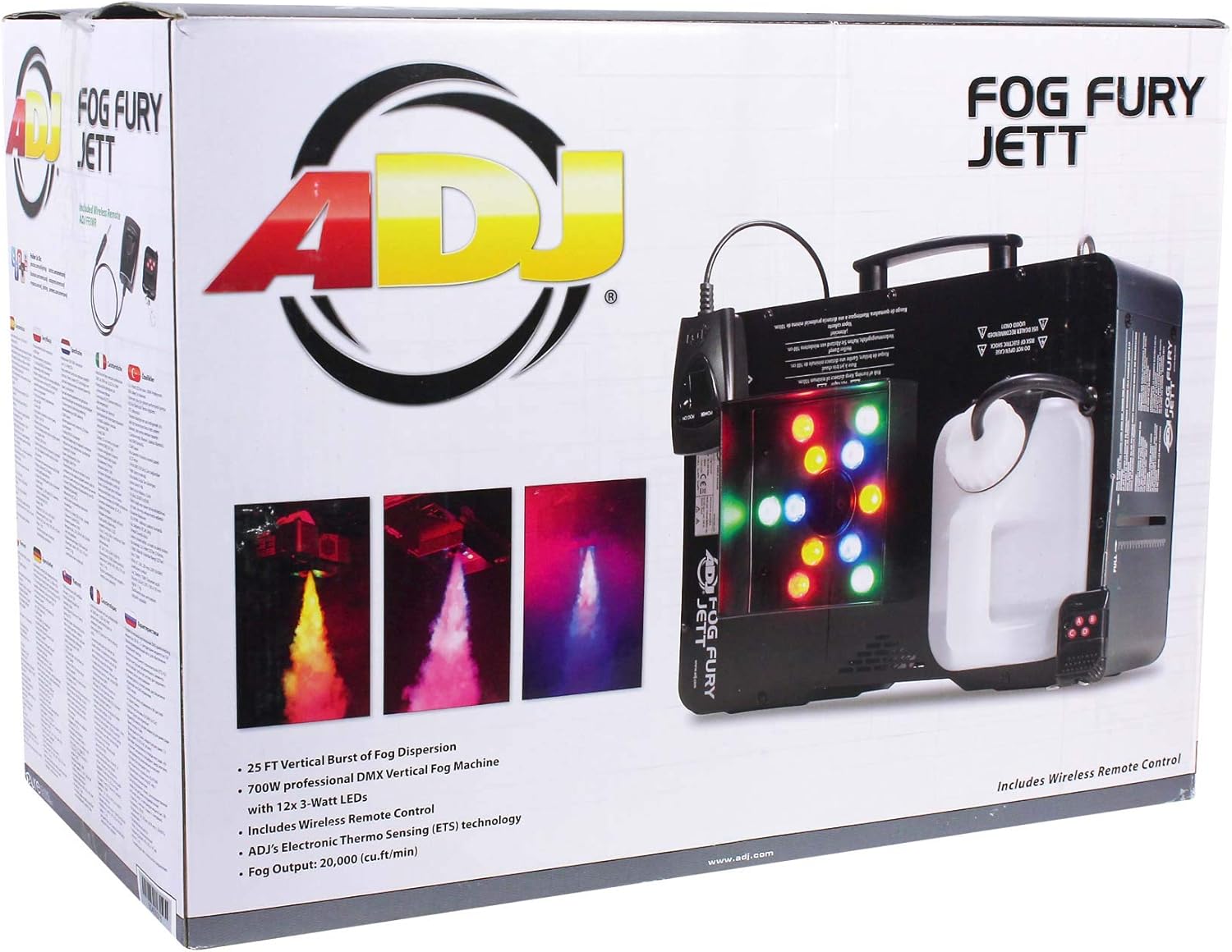 American DJ Fog Fury Jett 700W Vertical Fog Machine w/12 LEDwithDMXwithWireless Remote Bundle with Rockville RFJG Gallon Fog/Smoke Juice Fluid For Chauvet American DJ ADJ Machines