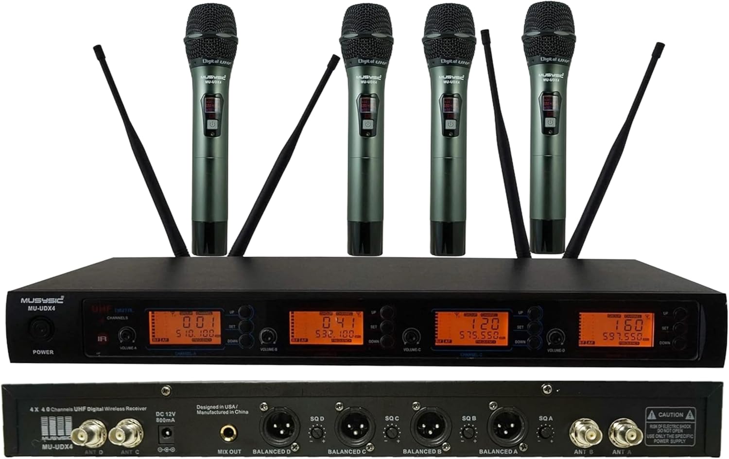 MUSYSIC 4-Channel Professional Wireless UHF Microphone System, 300ft Range 4x40 Adjustable Frequency Dynamic Handheld Microphones for Singing, Karaoke, Church, DJ