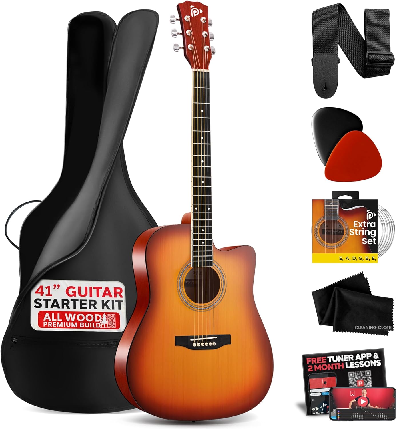 Pyle Steel String Acoustic Guitar Kit, 4/4 Full Size Cutaway All-Wood Guitarra Acustica with Premium Accessory Set and Upgraded Gig Bag, 41