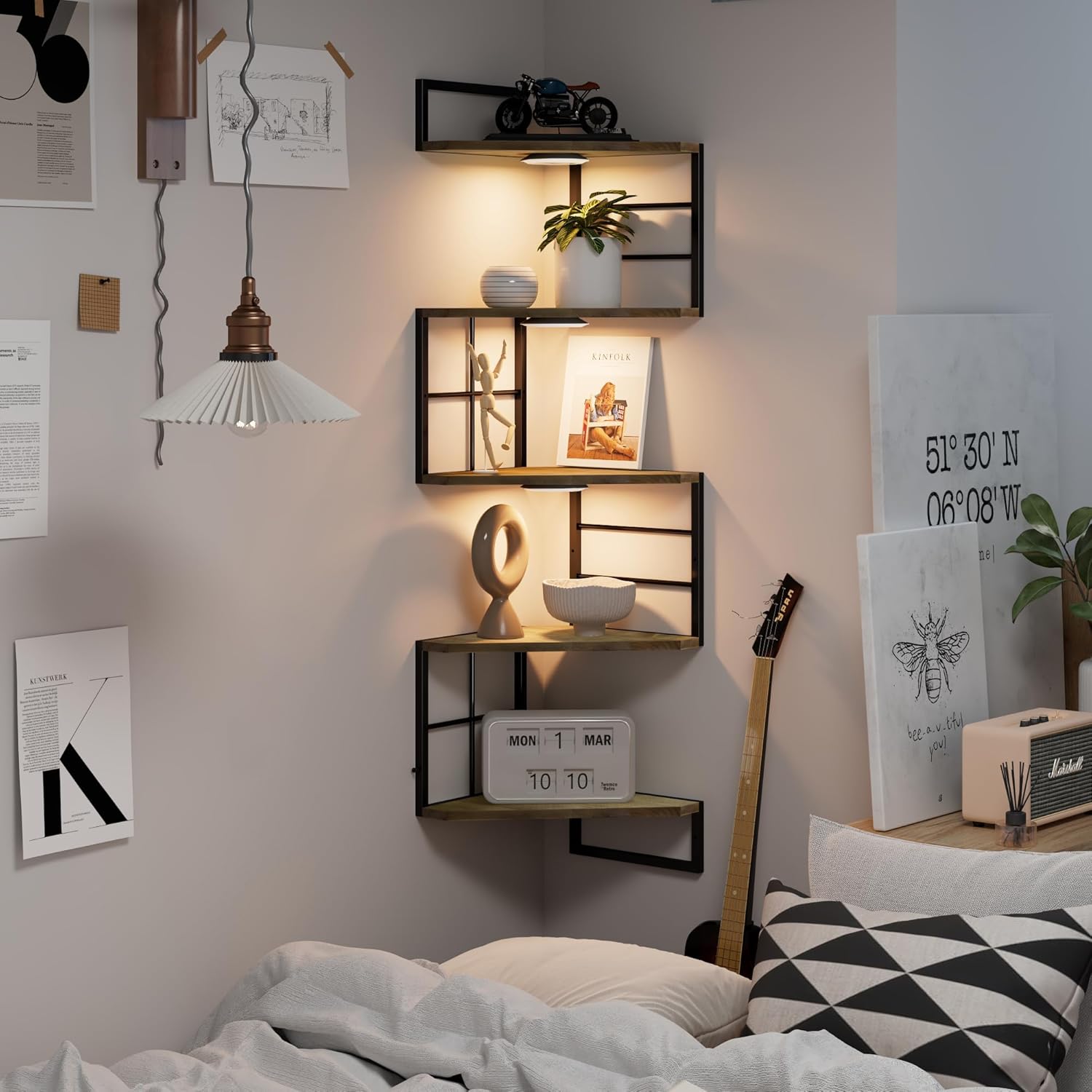 Floating Corner Shelves with Light - 5 Tiers Metal Corner Shelf Wall Mounted for Bedroom Living Room Office Kitchen, Easy-to-Assemble Corner Wall Shelves, Brown