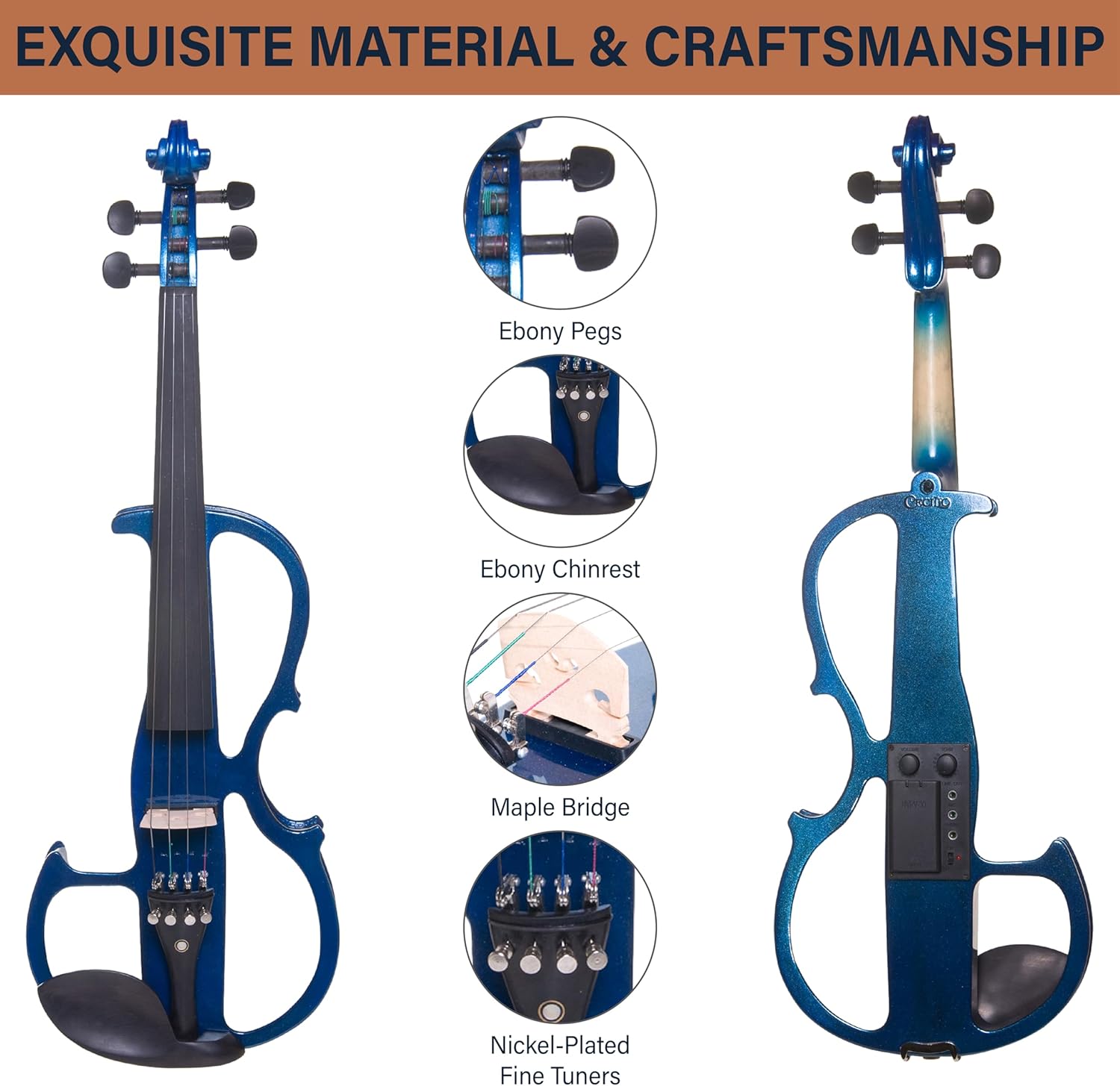 Cecilio 4/4 CEVN-2BL Electric/Silent Violin with Ebony Fittings in Blue Metallic Varnish (Full Size) – Ideal for Practice and Performance