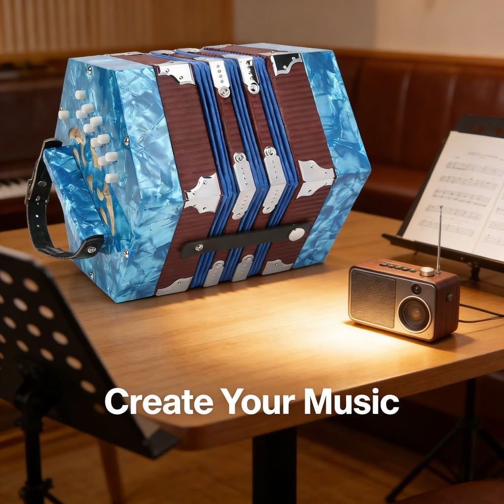 Concertina Accordion Portable Wood Instrument Royal Blue, Adjustable Hand Strap, Beginner Friendly - Professional Craftsmanship, Compact Design, Ideal for Adults and Students (Blue)