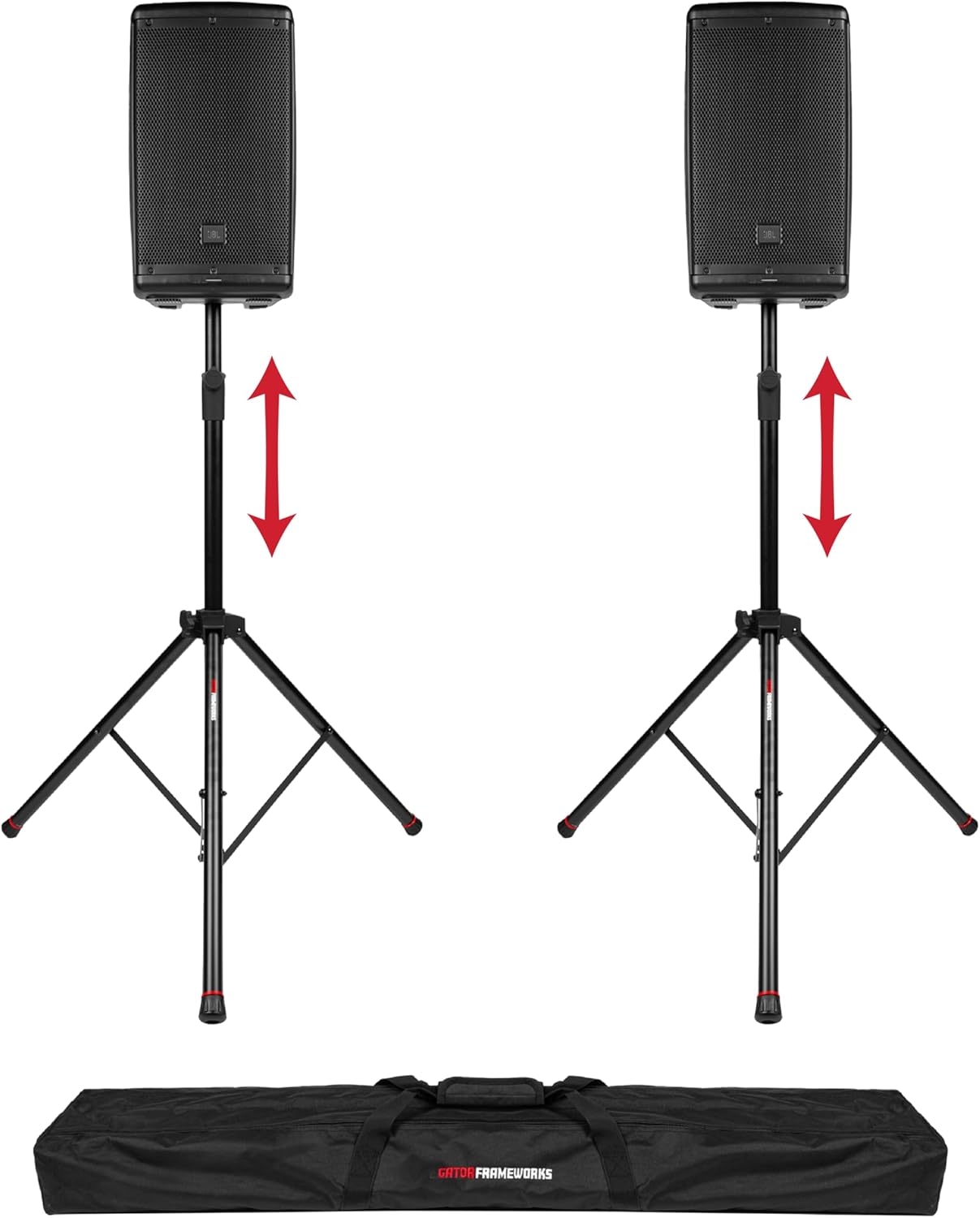 Gator Frameworks Deluxe Set with Self Rising Lift Assist Includes (2) Speaker Stands and Nylon Carry Bag, (GFW-SPK-3000SET)