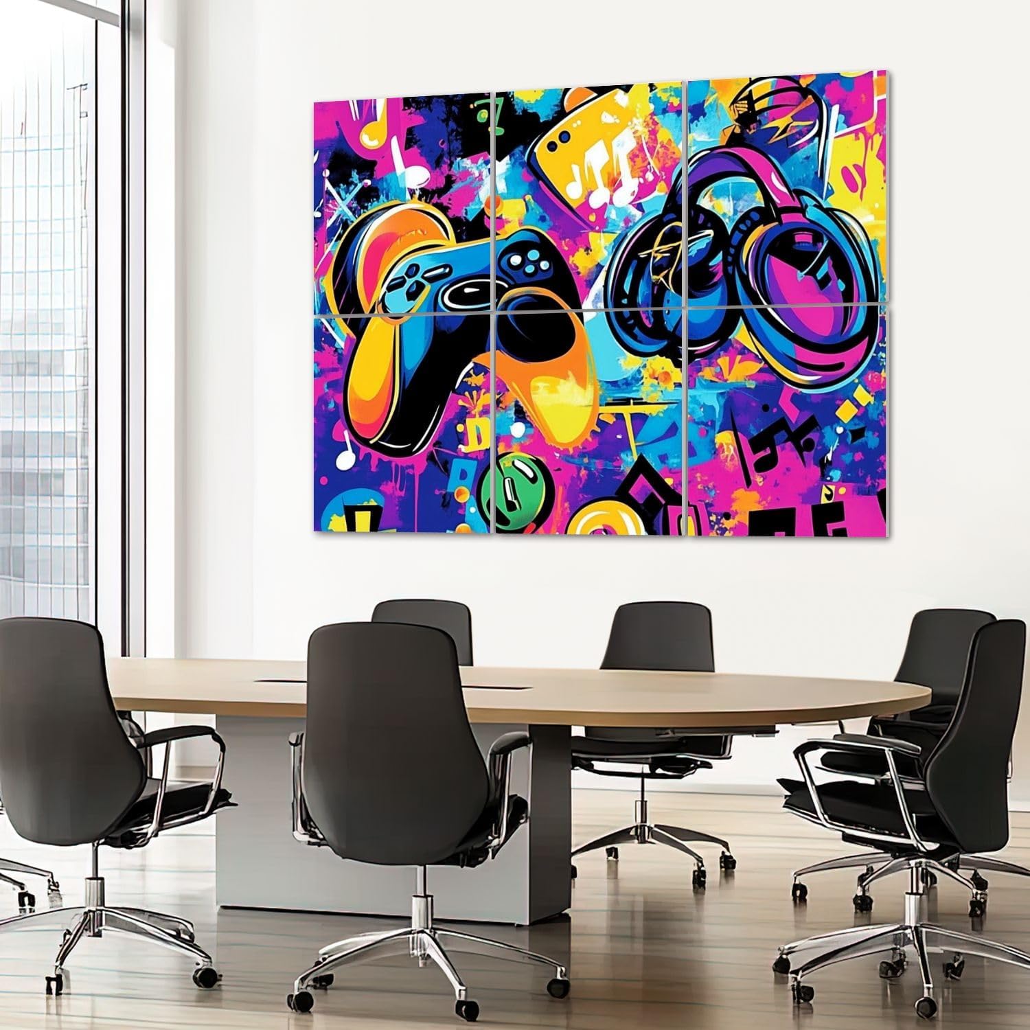 6 Pack Art Acoustic Panels Sound Absorbing Game Graffiti Controller Headphones Musical Notes Colorful Splashes Decorative Soundproof Wall Panels Self Adhesive for Recording Studios Office 72