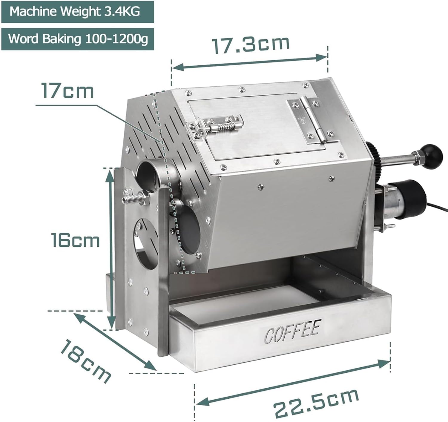 Electric Drum Type Coffee Roaster Machine 5 to 55 RPM Glass Window w/Thermometer &Shovel for Peanut Sesame Wheat Chestnut 3.4L