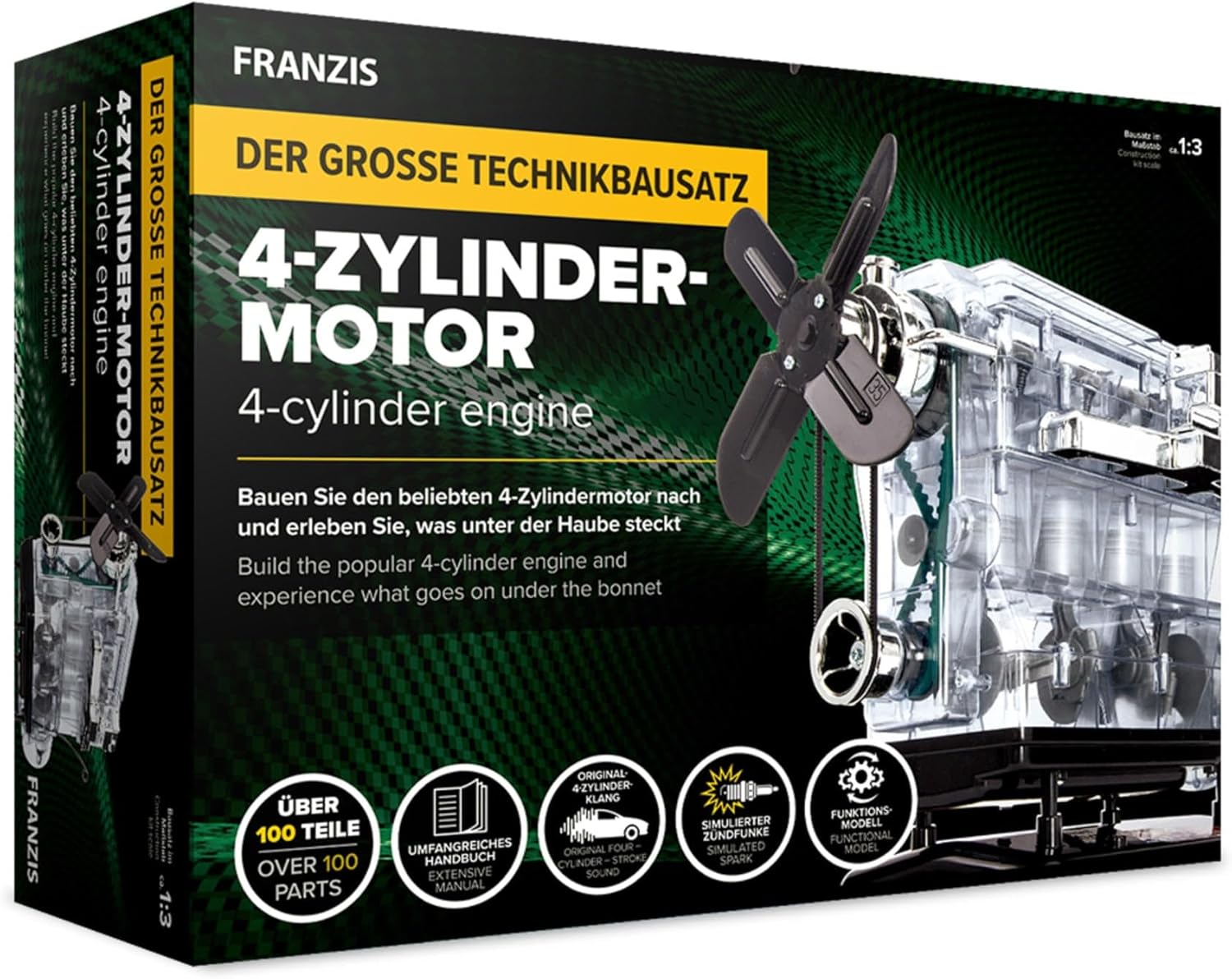 FRANZIS 67175 – The Large Technical kit 4-Cylinder Engine, Model kit in Scale 1:3, 100 Components for plugging and screwing, Including Sound Module, Instructions and accompanying Book