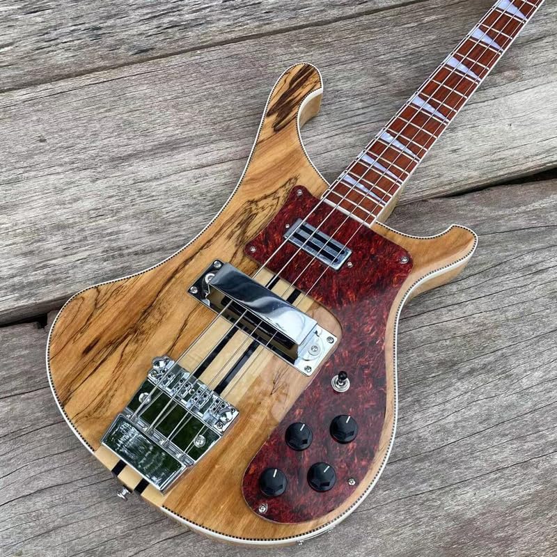 4-String Electric Bass Guitar - Natural Spalted Maple Veneer Finish, Checkerboard Binding, Neck-Thru Construction