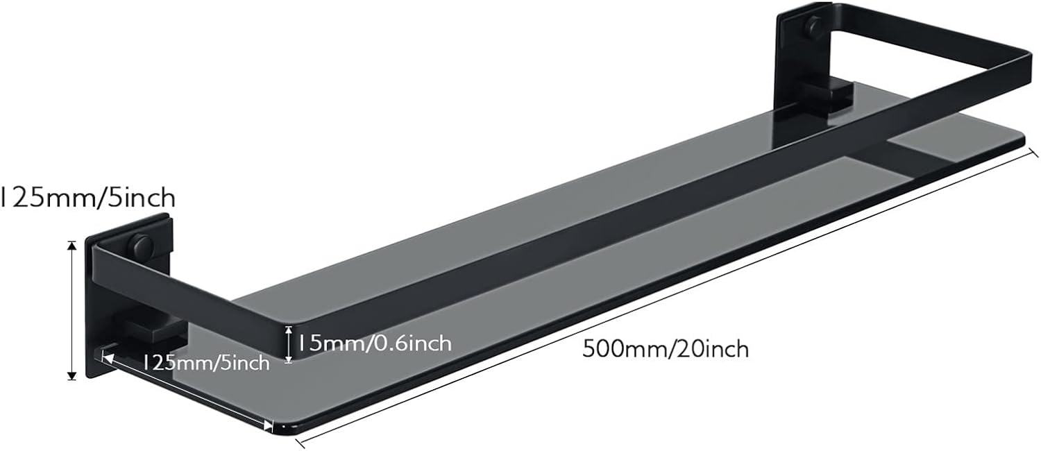 Bathroom Shelf Bathroom Wall Shelf 19.7 in Glass Shelf for Bathroom Floating Shelf Black Stainless Steel Wall Mount Bathroom Organizer Glass Shower Shelf, 1 Pack Bathroom Wall Shelves