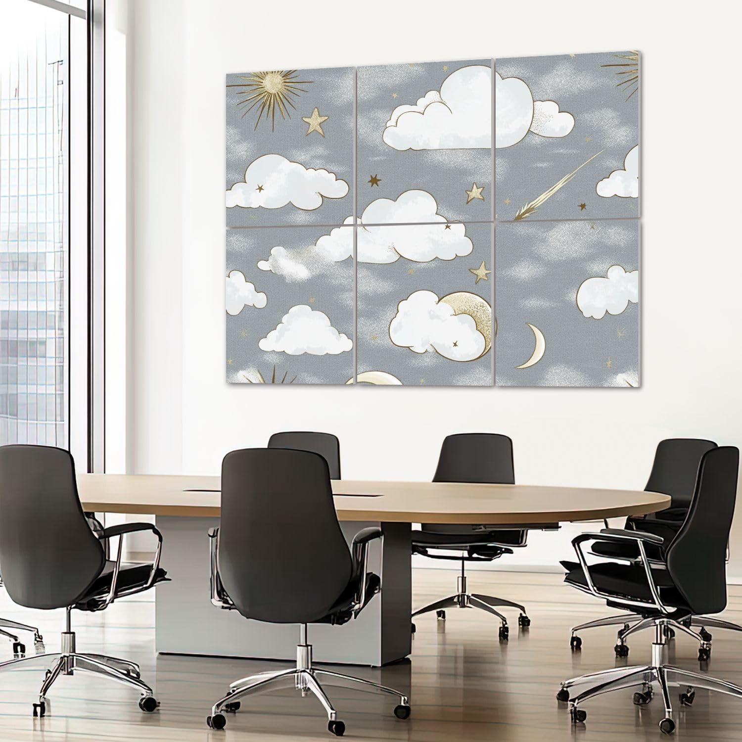 6 Pack Art Acoustic Panels Sound Absorbing Light Grey Clouds Stars Moon Sunburst Shooting Star Soft Colors Decorative Soundproof Wall Panels Self Adhesive for Recording Studios Office 72