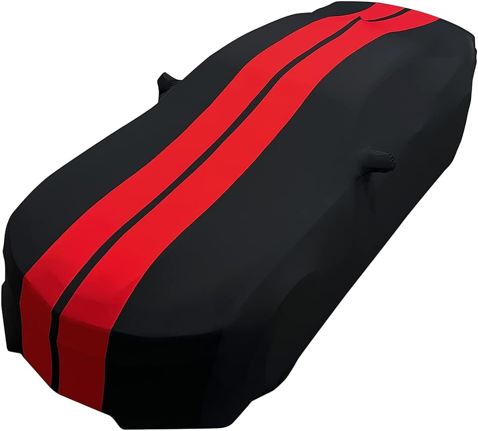2010-2024 Camaro Car Cover - Custom Fit Indoor Protection Ultraguard Sport Series Stretch Satin - The Ultimate High End Fit for Chevrolet Camaros SS, RS, ZL1, Z/28 (Black with Red Stripes)