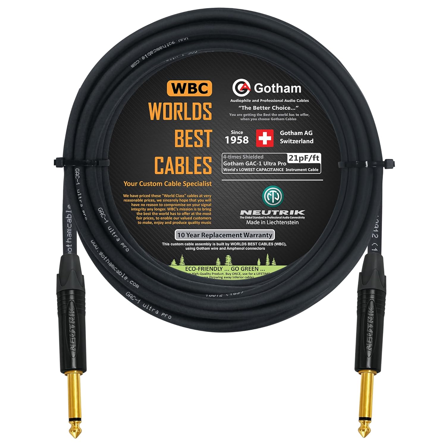 WORLDS BEST CABLES 50 Foot - Gotham GAC-1 Ultra Pro - Premium Low-Cap (21 pf/F) Guitar Bass Instrument Cable – w/Neutrik Gold Straight to Straight ¼ inch (6.35mm) TS Connectors - Custom Made