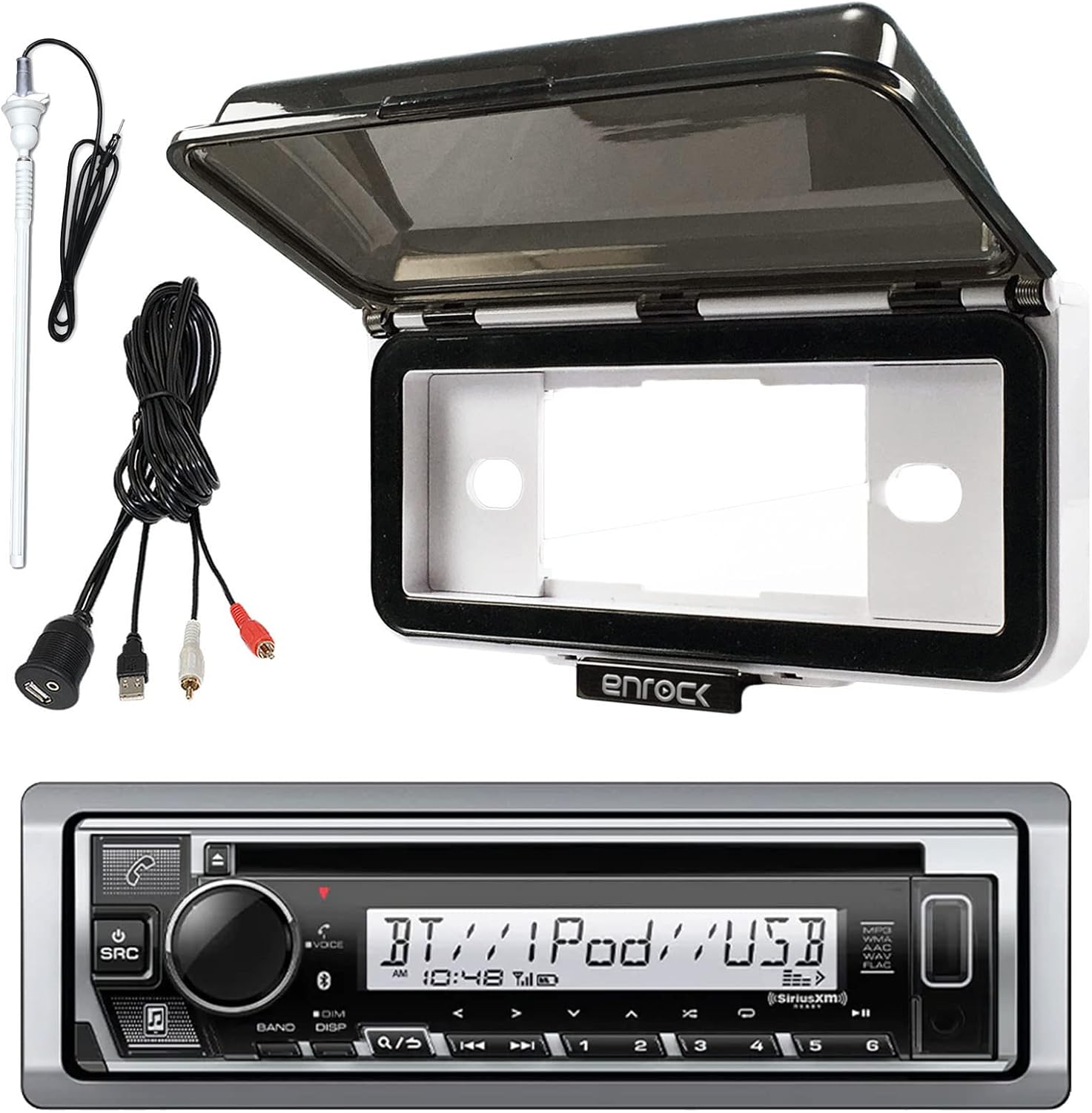 Single DIN Marine Boat Audio Bluetooth CD Player Receiver Bundle Combo with White Waterproof Protective Cover Bundle Combo with Enrock USB/AUX to RCA Interface Mount Cable + 45