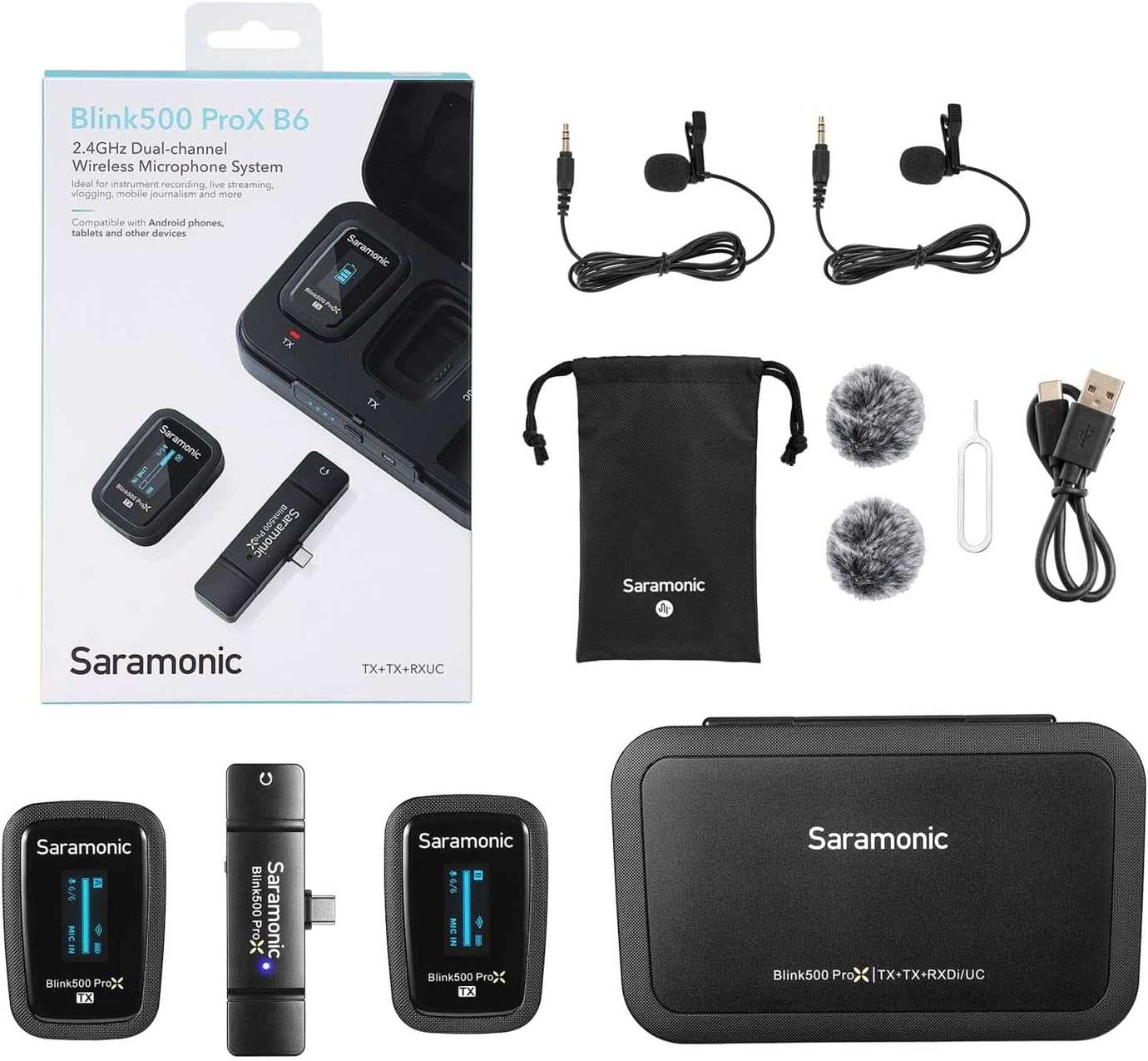 Saramonic Blink 500 Pro X B6 2-Person Wireless Mic System w/Lavaliers & USB-C Receiver for iPhone 15, Android, iPad, Mobile & Computers, Black