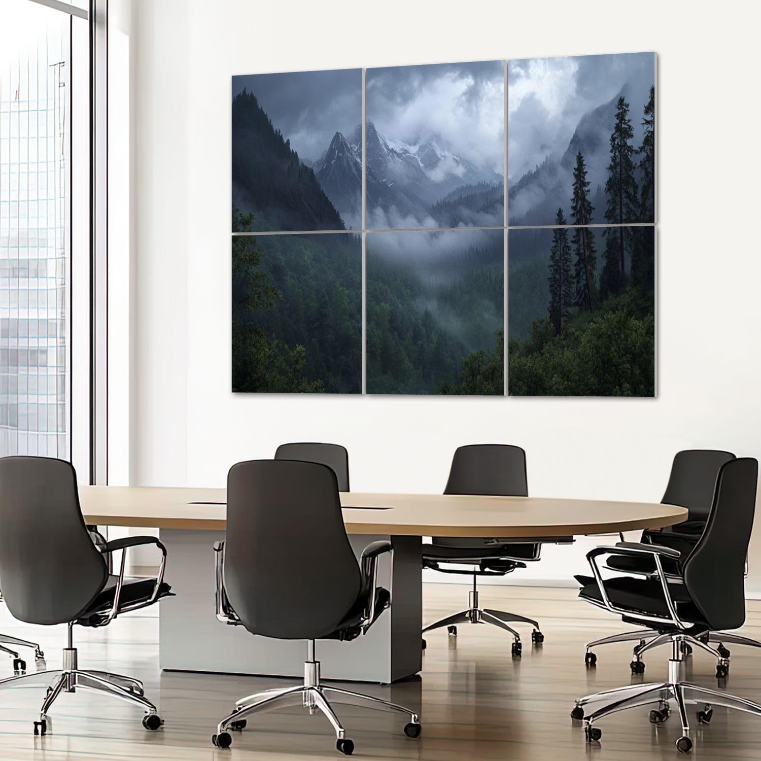 6 Pack Art Acoustic Panels Sound Absorbing Misty Snow Capped Mountains Dense Forest Foggy Atmosphere Tall Pine Decorative Soundproof Wall Panels Self Adhesive for Recording Studios Office 72