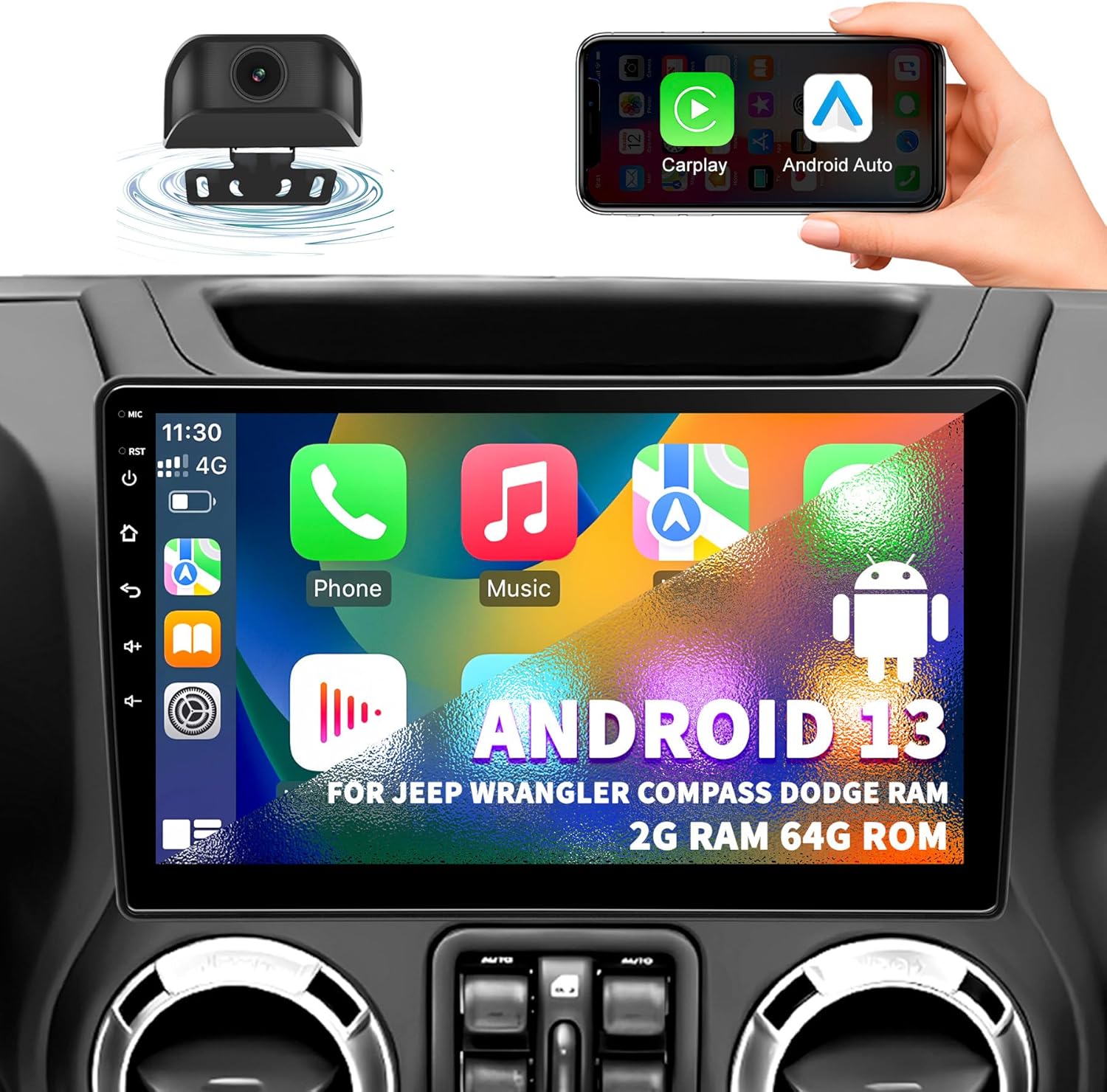 Car Stereo Radio for Jeep Wrangler JK Compass Grand Cherokee Dodge Ram 1500, Android 13 2GB+64GB, 10 inch IPS Touchscreen Wireless CarPlay Android Auto GPS Bluetooth AM/FM WiFi SWC, Backup Camera