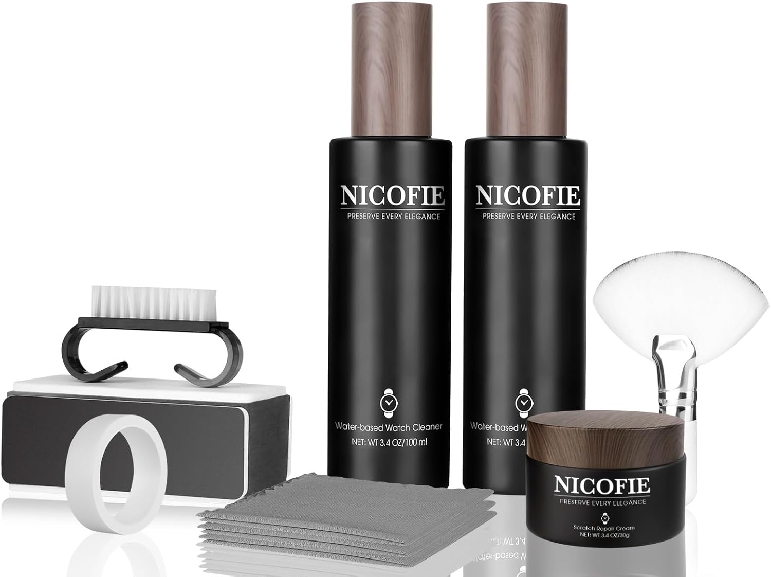 Gold & Silver Steel Bracelet Watch Polishing Kit, Watch Cleaning Kit, Jewelry Cleaner for Metals, Crystals and Rubber - 1 x1.1oz Scratch Repair Cream, 2 x 3.4oz Cleaner, 3 x Microfiber Cloth, 2 x Wool and Hard Horn Brush, 1 x Sponge, 1 x Protection T