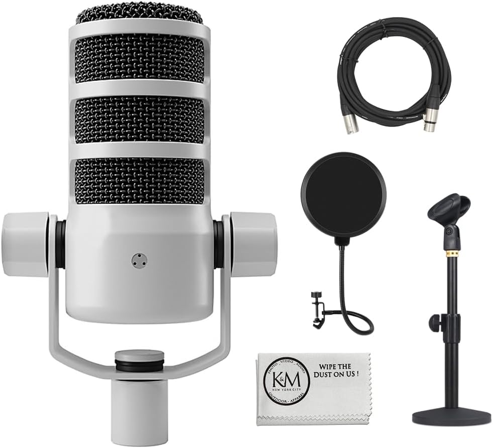 Rode PodMic Dynamic Podcasting Microphone | White Bundle with Pop Filter + Desktop Microphone Stand + XLR Cable + Cleaning Cloth (5 Item)