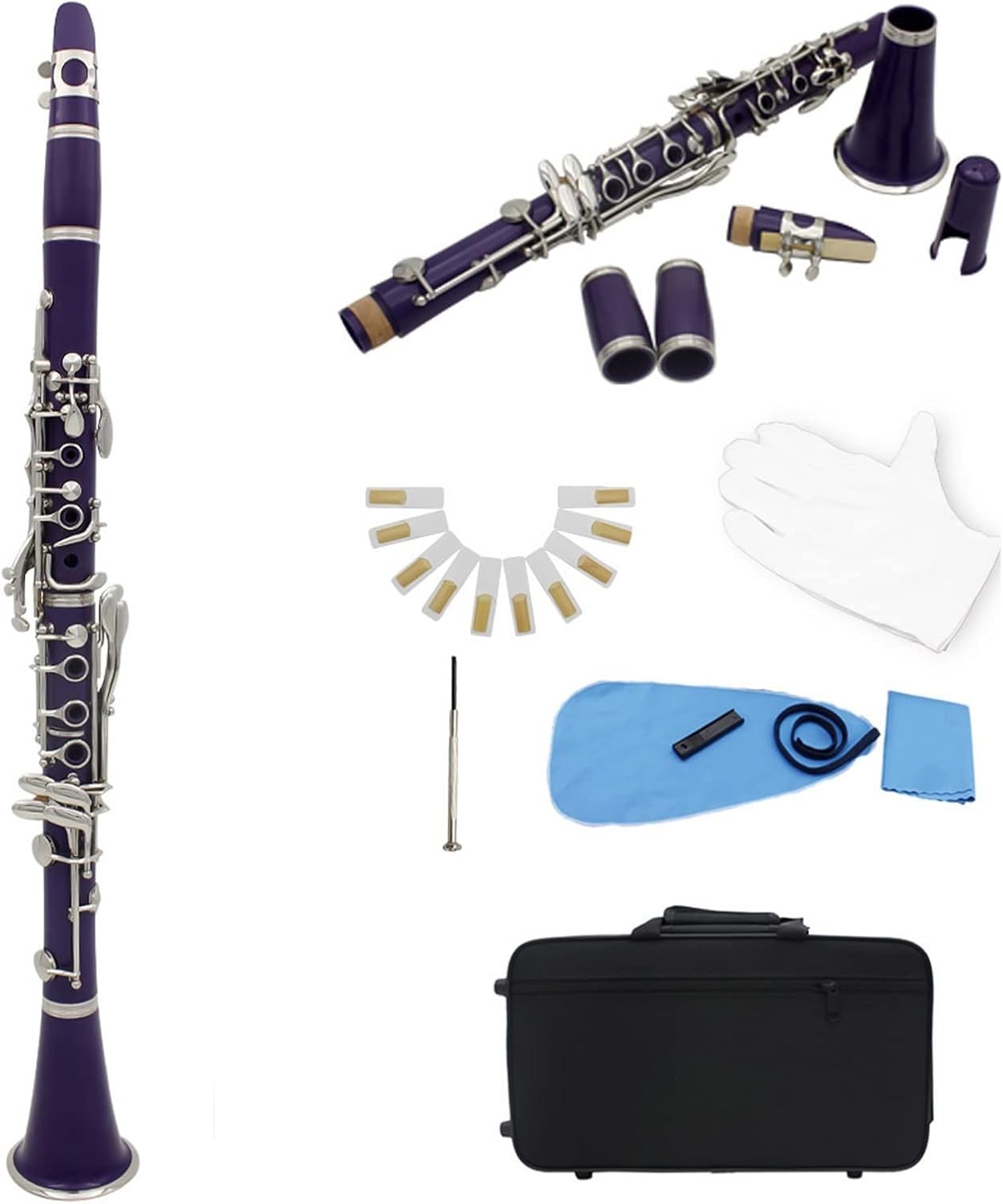 KESHUO Clarinet ABS 17 Key BB Flat Saxophone Binocular Clarinet with Cleaning Cloth Gloves 10 Reeds Screwdriver Case Woodwind Instrument Student Standard Clarinet Set (Color : Purple)