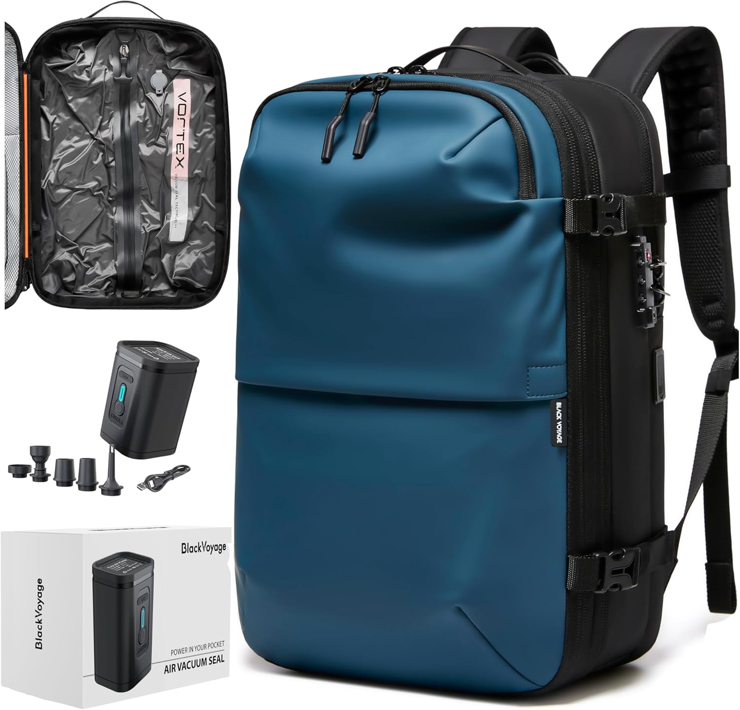Vortex Vacuum Seal Travel Backpack 60L Expandable Air Compression System Water Resistant TSA Lock Carry-On Suitcase Luggage Blue AERO OG - Air Pump Included