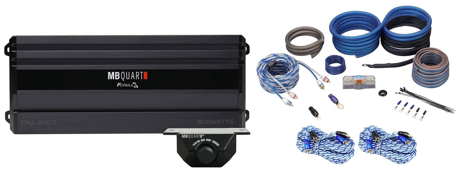 MB QUART FA2-900.5 900w 5-Channel Car Audio Amplifier Class Q1 Amp + Bass Remote Bundle with Rockville RWK4CU Amp Installation Wire Kit & RTR172 Twisted Pair RCA Cable (3 Items)