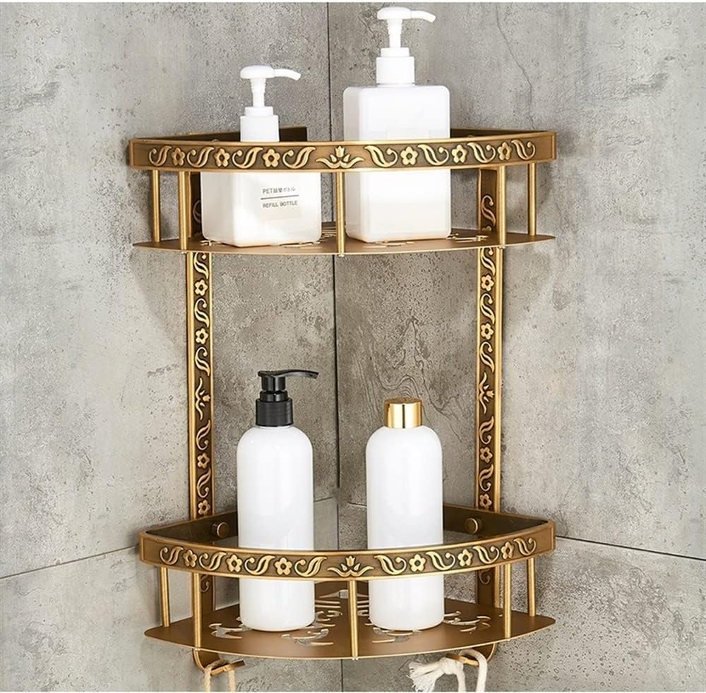 Corner Shower Caddy Nail Free Bathroom Shelves, 2 Layer Antique Metal Shower Corner Shelf, Wall Mount Shampoo Storage Shelf Shower Organizer，B