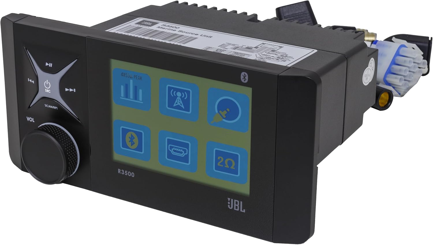 JBL R3500 Wake Series Source Unit - 4 X 55W Peak @ 4ohm Reciever with Bluetooth (5.0), AM/FM/WB, USB Input/Aux Input/Pre-Outs (L&R), Backlit Rotary Encoder, Rear amp Plug, IPX7 (Face), IPX3 (Rear)