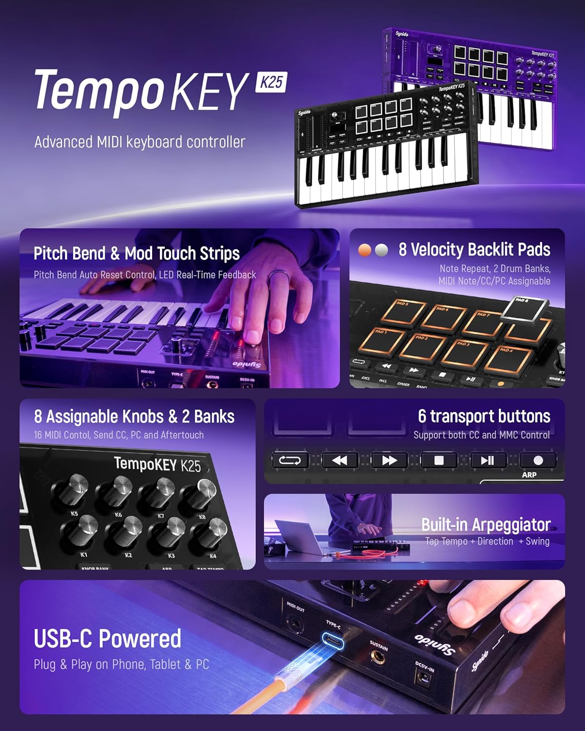 Synido 25 Key USB MIDI Keyboard Controller with 8 Drum Pads, Professional Mini Midi Keyboard with OLED Screen, Beat Maker Machine for Music Production, Black, TempoKey K25