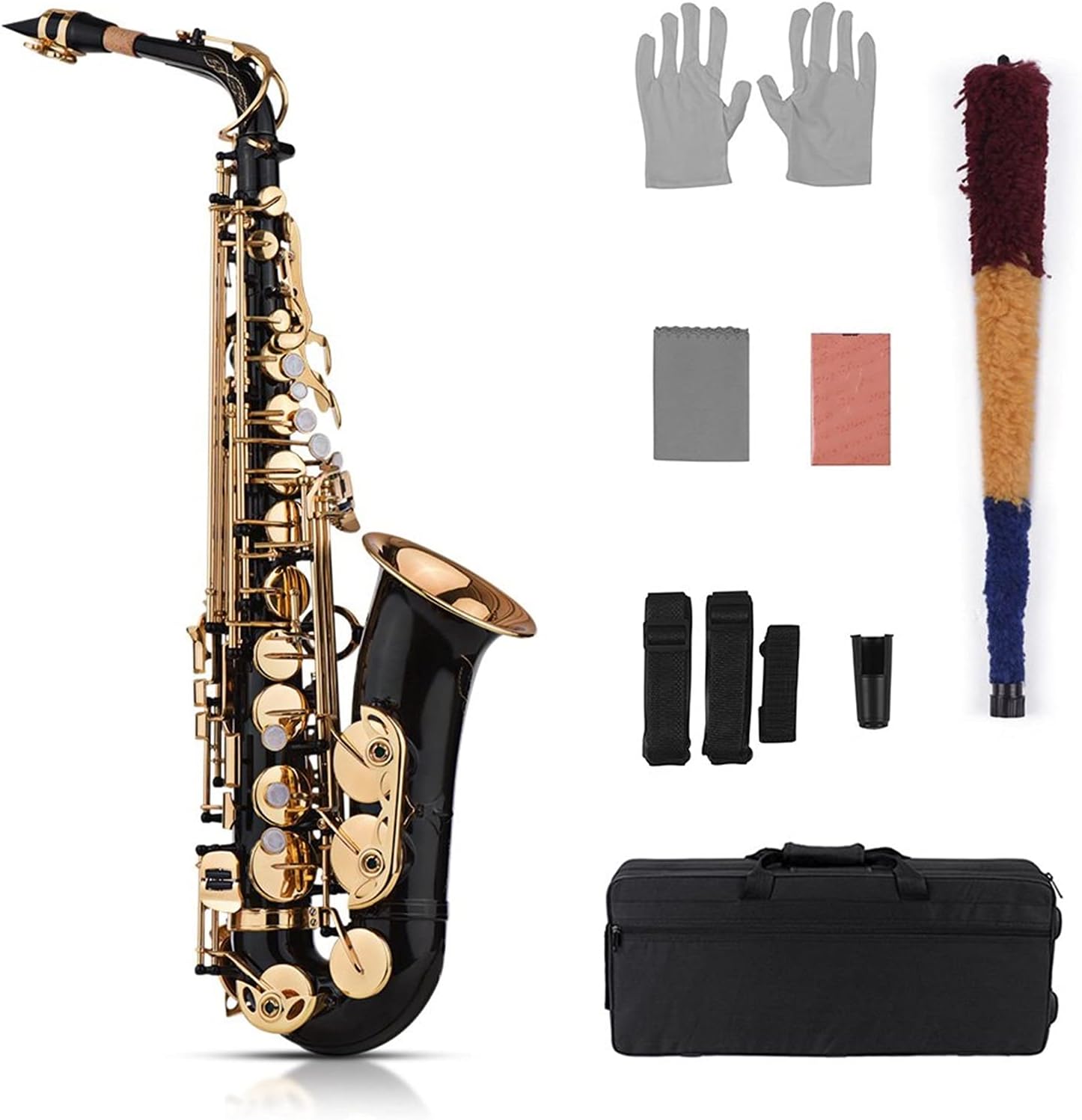 Sax Beginners Kit EB Alto Saxophone Sax Brass Lacquered Gold 82Z Key Type Woodwind Instrument with Padded Carry Case Glove Cleaning Cloth Wind Instrument