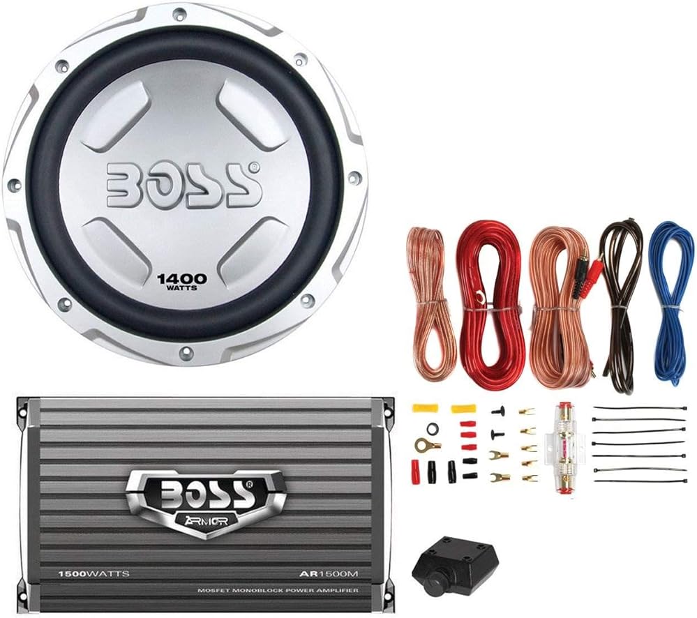 Boss Chaos CX122 12-Inch 1400W Car Subwoofer and Boss Audio AR1500M 1500W Amplifier & Remote and AKS8 8 Gauge Amplifier Installation Wiring Kit