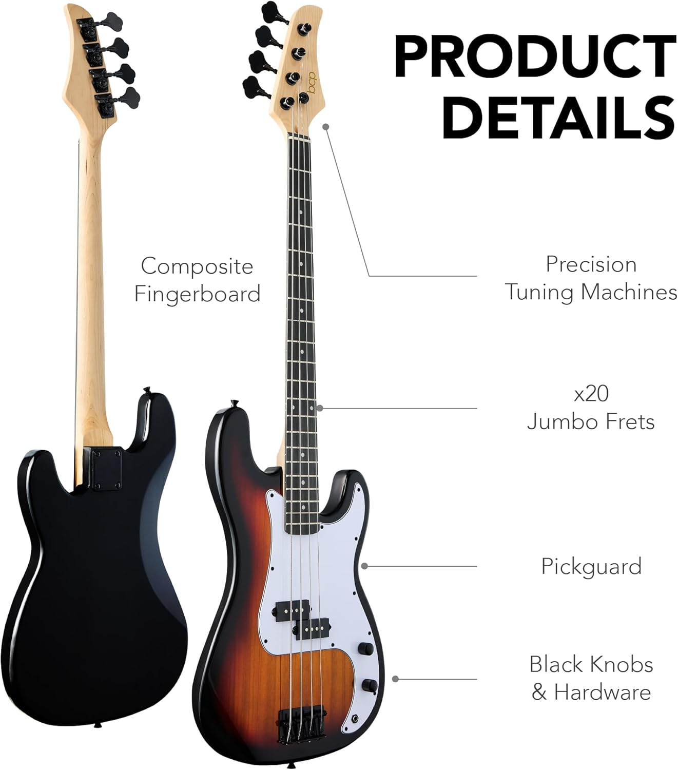 Best Choice Products Full Size Beginner 4-String Electric Bass Guitar, Wooden PB-Style Bass Starter Set w/Padded Carrying Case - Sunburst/White