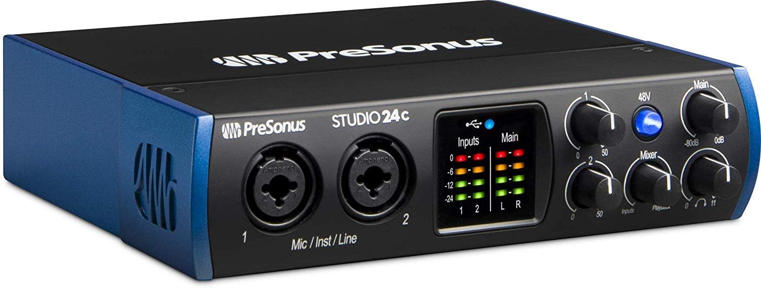 PreSonus Studio 24C 2x2, 192 kHz, USB-C Audio Interface, 2 Mic Pres-2 Line Outs + Mixing Headphone with Pair of EMB XLR Cable Bundle