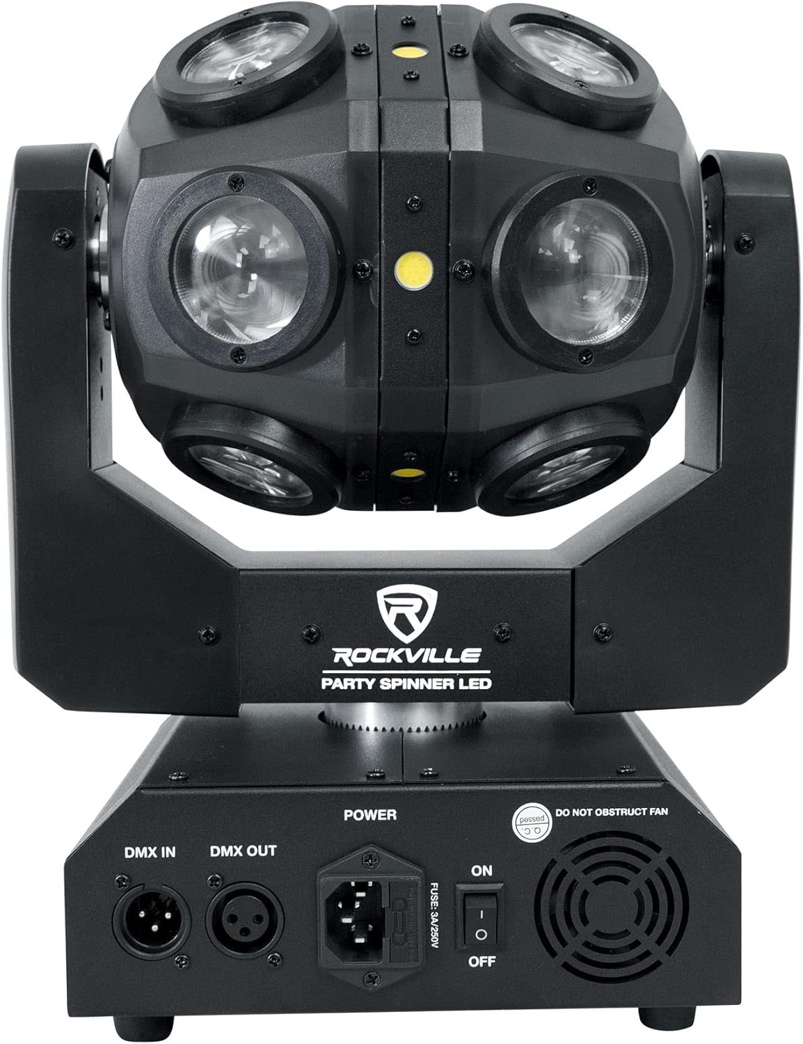 Rockville Party Spinner LED 150W Moving Head DJ Light, 18 LEDs (12 RGBW / 6 White COB), DMX Controls, Sound Activated, for Parties and Stage Events