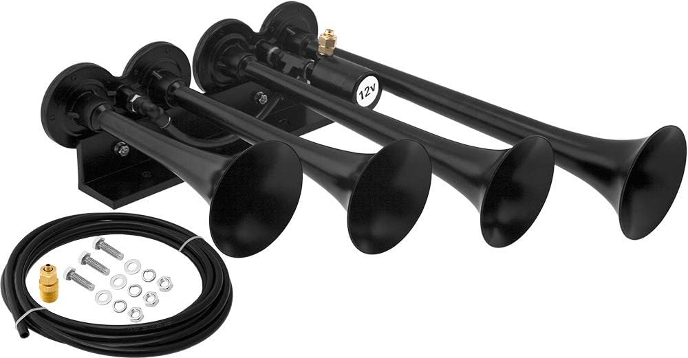 Vixen Horns Train Horn for Truck/Car. 4 Air Horn Black Trumpets (XLong). Super Loud dB. Fits 12v Vehicles like Semi/Pickup/Jeep/RV/SUV VXH4124XLB