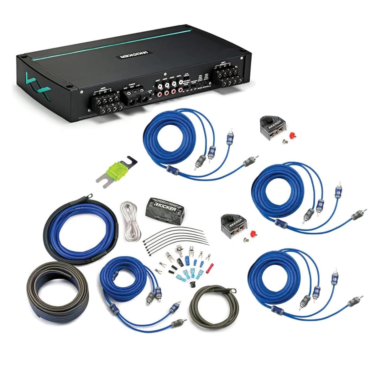 Kicker 44KXMA8008 Marine Audio 8 Channel Amp KXMA800.8 & 4 GA Amplifier Accessory Kit Bundle