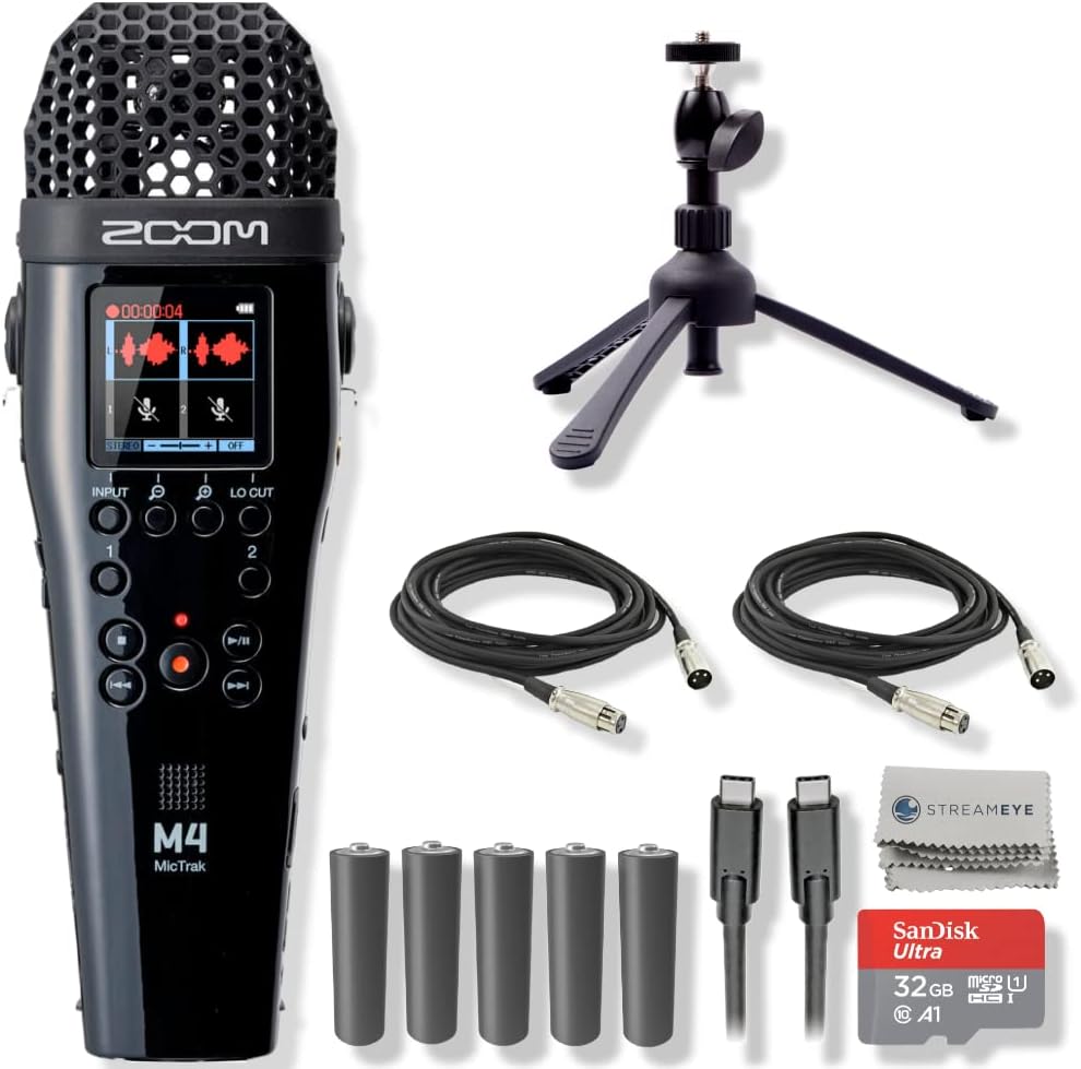 Zoom M4 MicTrak 4-channel 32-bit Recorder with Timecode Generator, Desktop Tripod Stand, 5x AA Batteries, USB-C to USB-C Cable, XLR Cables, SanDisk 32GB microSD Card and StreamEye Polishing Cloth