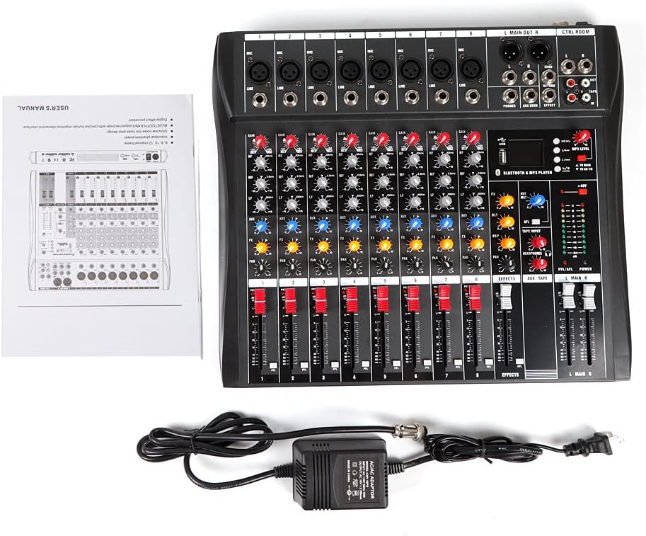 8 Channel Professional Mixer Sound Board Console Interface Digital USB MP3 Phantom Power Stereo DJ Studio FX Steel Chassis, USB Bluetooth Audio Mixer