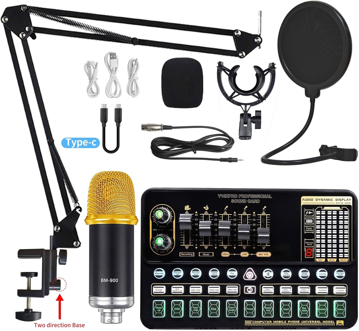 Condenser Microphone Bundle Sound Card Kit with Adjustable Mic Suspension Scissor Arm Professional Studio Wireless Karaoke MIC Studio Setup for Recording Music