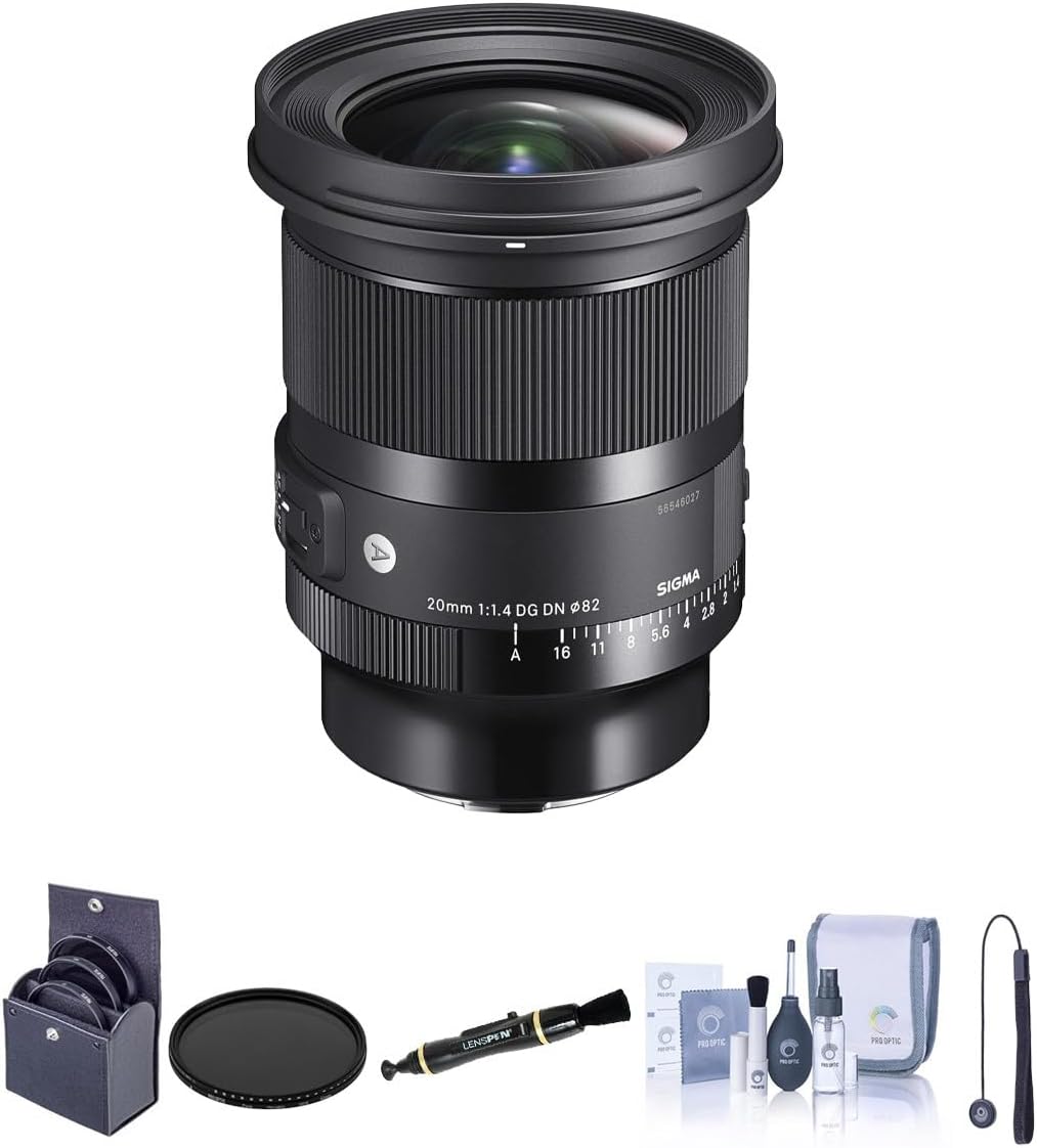 Sigma 20mm f/1.4 DG DN Art Lens for L Mount Bundle with 82mm Filter Kit, 82mm VND Filter, Lens Cleaner, Cleaning Kit, Lens Cap Tether