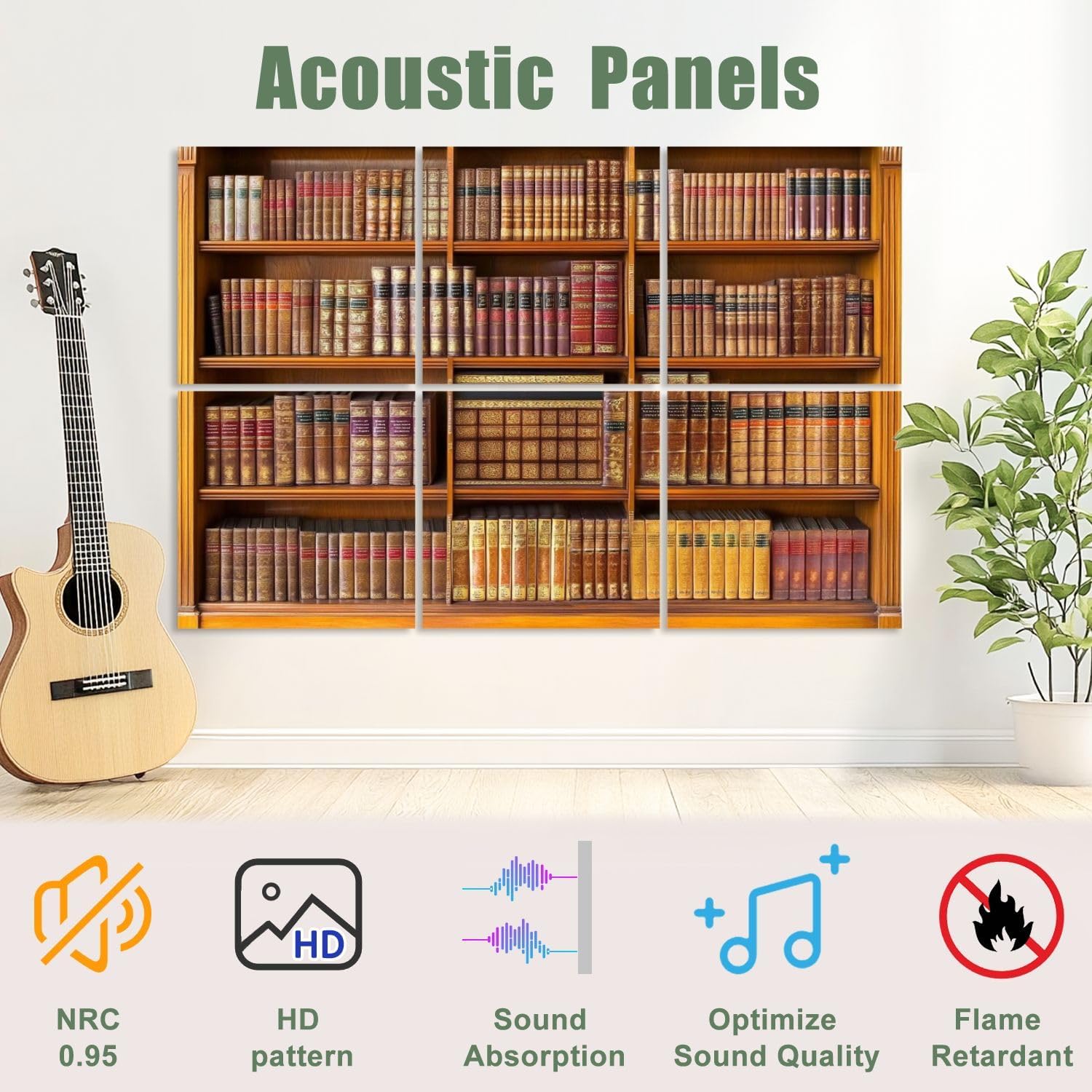 6 Pack Art Acoustic Panels Sound Absorbing Brown Vintage Library Learning Education Study Bookcase Academic Decorative Soundproof Wall Panels Self Adhesive for Recording Studios Office 72
